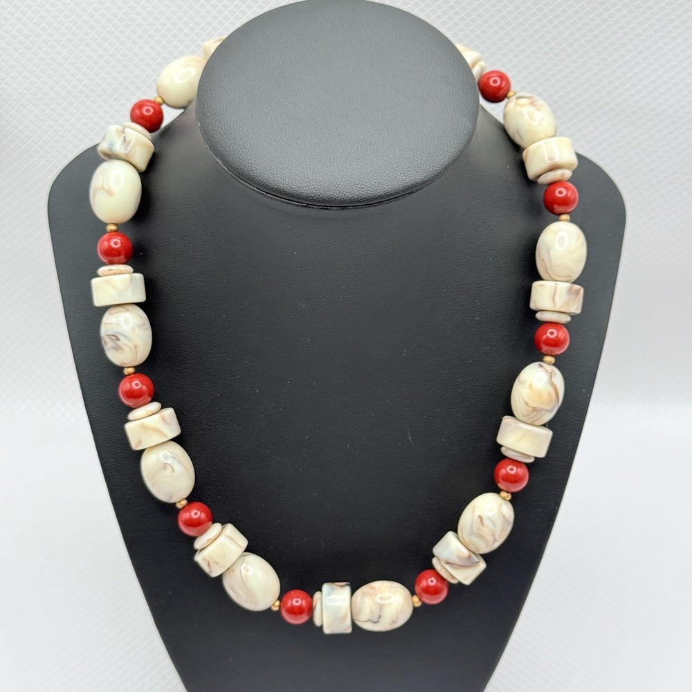 Vintage 80s Monet Chunky Cream Marbled and Red Acrylic Lucite 16" Bead Necklace